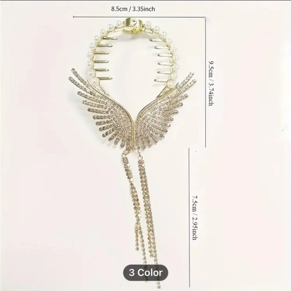 Silver Pearl Rhinestone Angel Wing Hair Clip Claw Hair Accessory